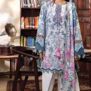 White and powder blue floral printed lawn