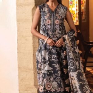 Black and charcoal digital floral printed lawn