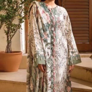 Ivory and soft beige floral printed lawn