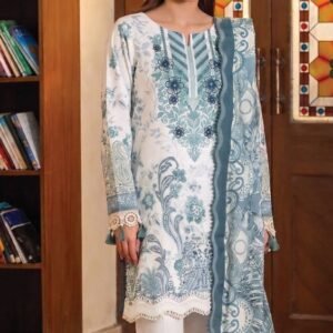 White and ice blue printed lawn kurta