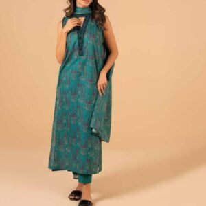 Teal printed lawn sleeveless long kurta