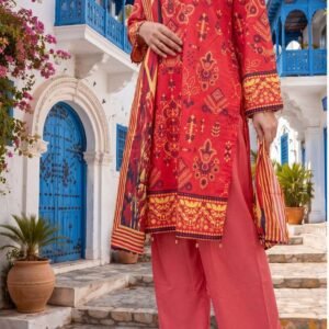 Coral red printed lawn suit