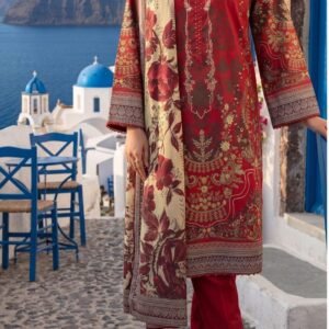 Cream and red ornamental printed lawn kurta