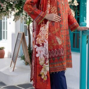 Orange-red floral printed lawn kurta