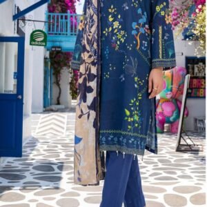 Navy blue floral printed lawn kurta