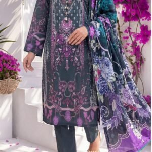 Dark teal and purple ornate printed lawn