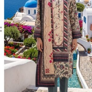 Beige and dark brown floral panel-printed lawn