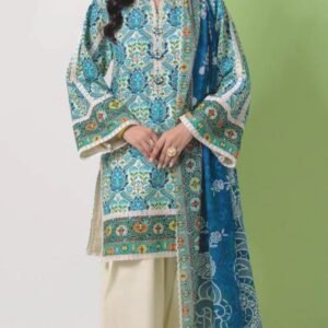 Turquoise-blue ornamental Mughal print kameez