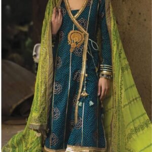 Peacock teal-blue angrakha-style chunri suit