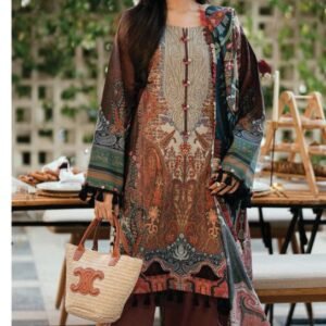 Brown-copper paisley ornamental printed lawn