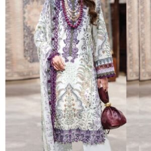 White-lilac ornamental damask printed lawn
