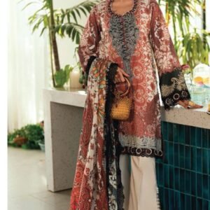 Coral-rust floral printed lawn