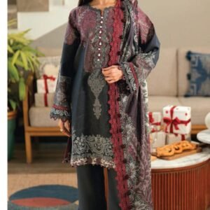 Charcoal-maroon paisley printed lawn