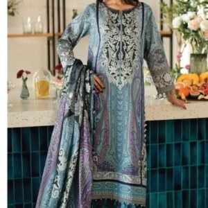 Steel blue-teal printed lawn