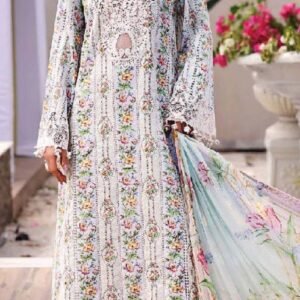 Off-white and lilac ditsy floral printed lawn
