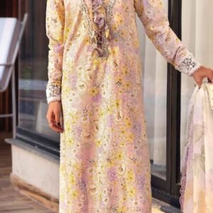 Pale yellow and lilac digital-print kurta