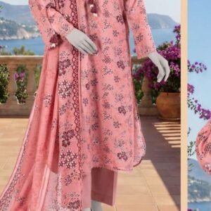 Peach-coral pink floral printed lawn suit