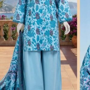 Bright turquoise-blue floral printed lawn