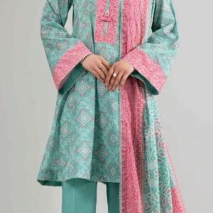 Aqua-pink printed lawn suit
