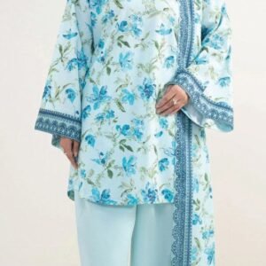 White and sky-blue floral printed lawn