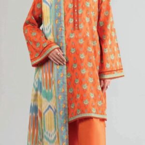 Vibrant orange ikat-style printed lawn
