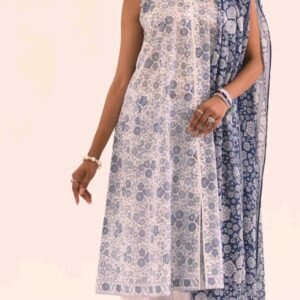 White and blue printed sleeveless kurta