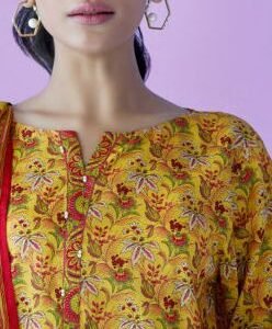 Mustard yellow paisley-floral printed lawn