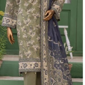 Olive-khaki green printed lawn suit