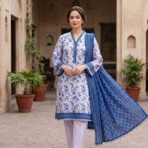 White-and-blue printed kameez