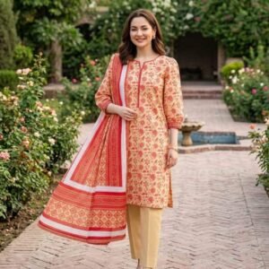 Peach-orange all-over print suit