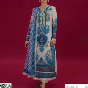 White-and-blue ornate printed kameez