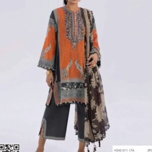 Orange-and-grey ethnic print kameez