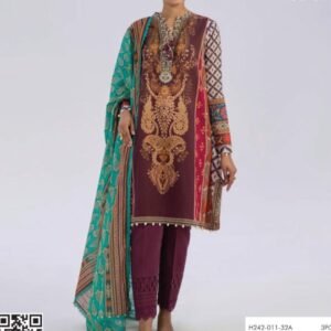 Green-maroon ornate print kameez